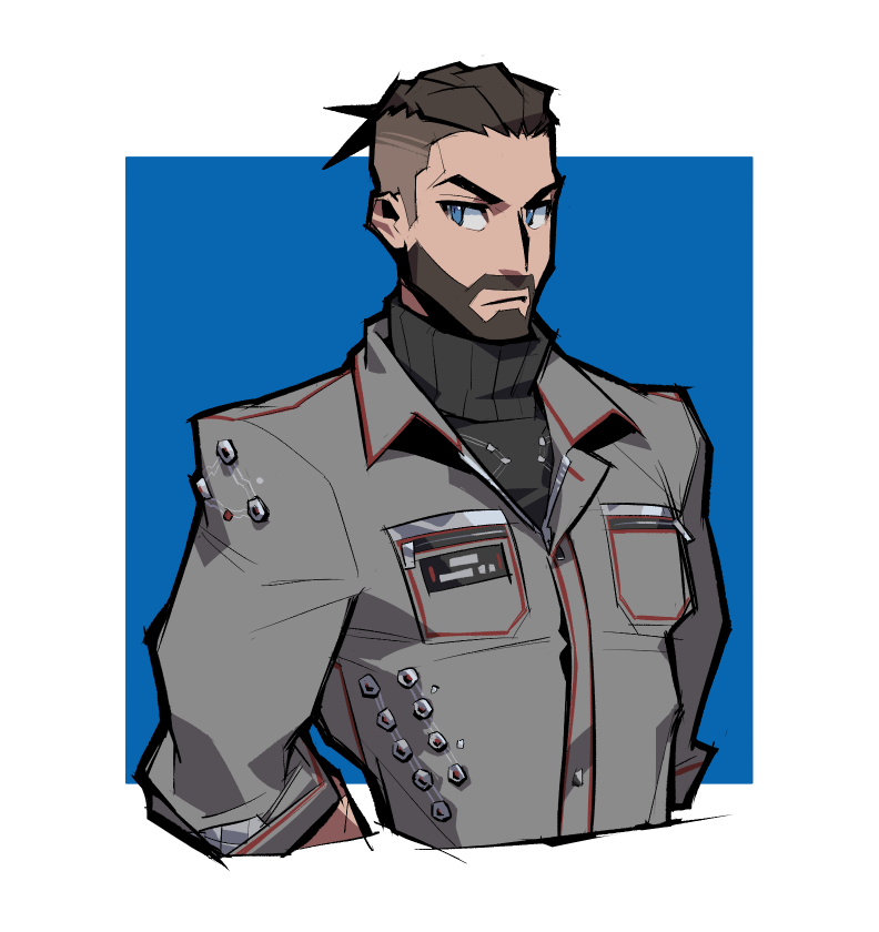 1boy, arm_hair, arms_behind_back, atomic_heart, cropped_torso, facial_hair, fukurau, full_beard