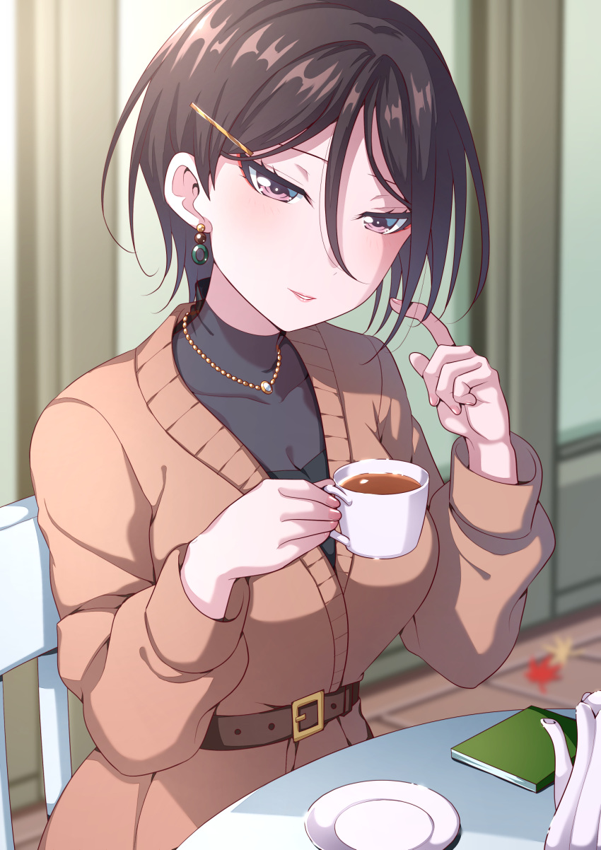 1girl, asymmetrical_hair, bang_dream!, belt, belt_buckle, black_hair, black_shirt, blush