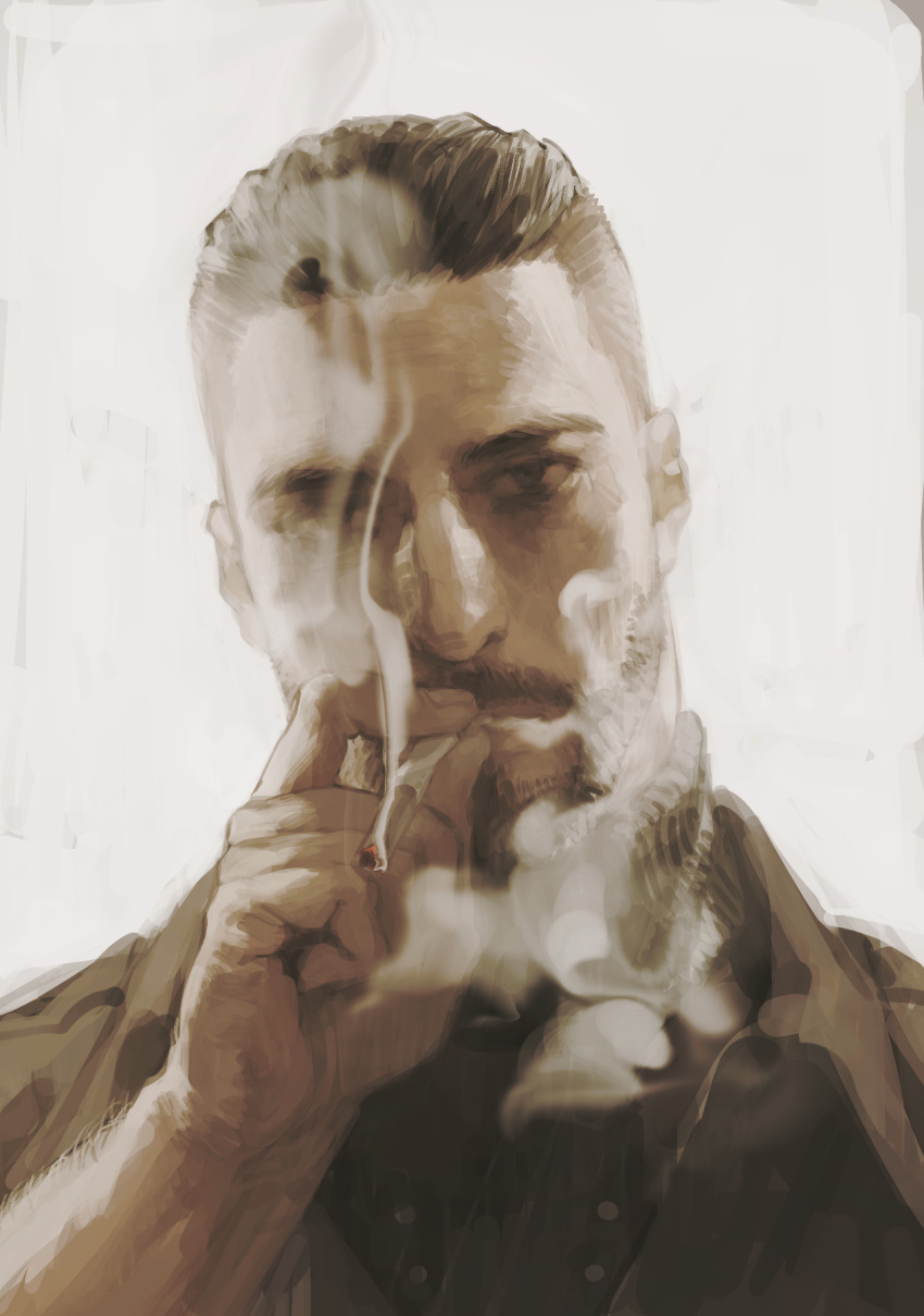 1boy, arm_hair, atomic_heart, brown_theme, cigarette, facial_hair, fukurau, full_beard