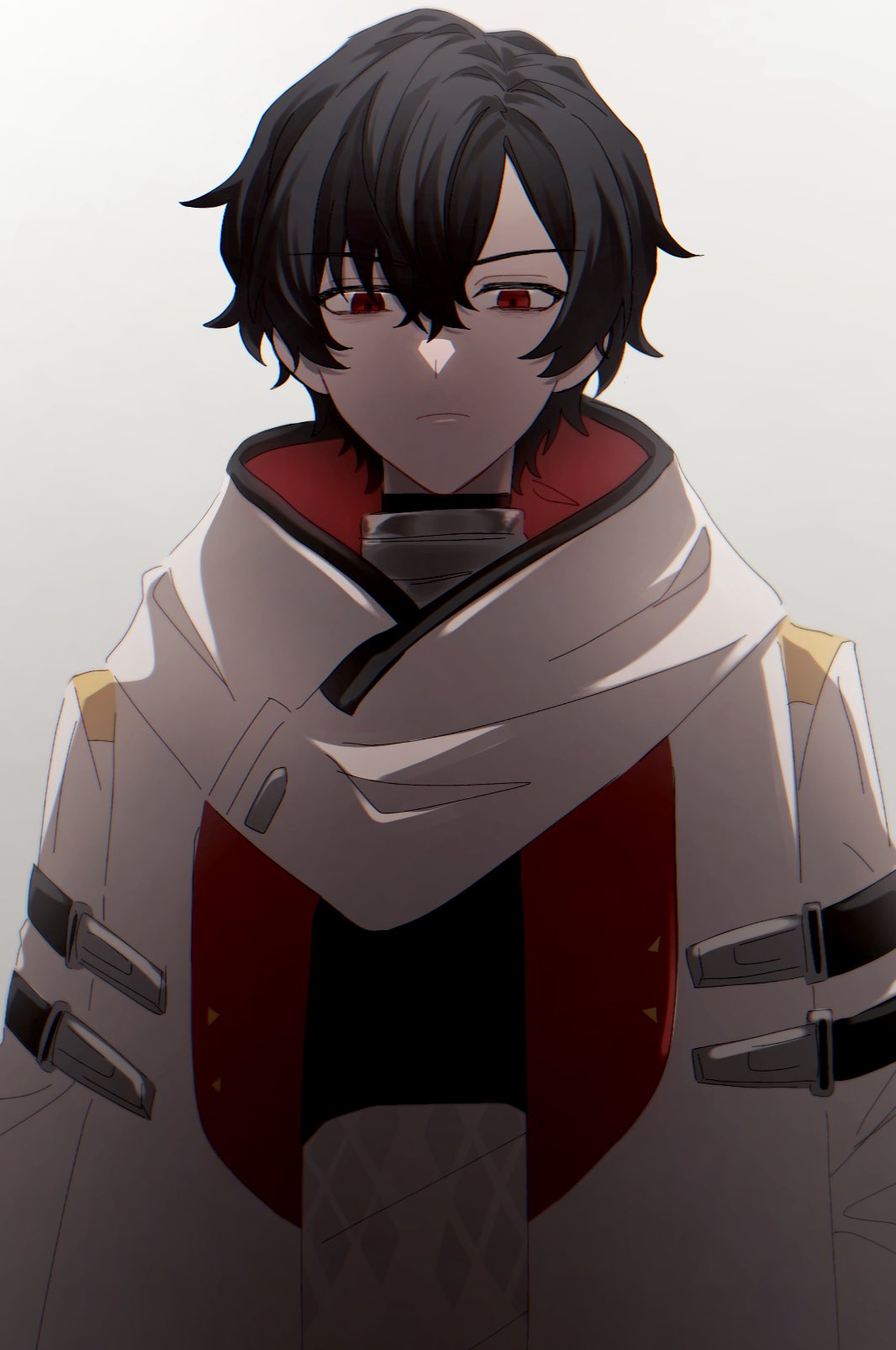 1boy, asimov_(punishing:_gray_raven), black_hair, closed_mouth, coat, crossed_bangs, espilce_628, hair_between_eyes, highres, lab_coat, looking_at_viewer, punishing:_gray_raven, red_eyes, short_hair, solo, white_coat