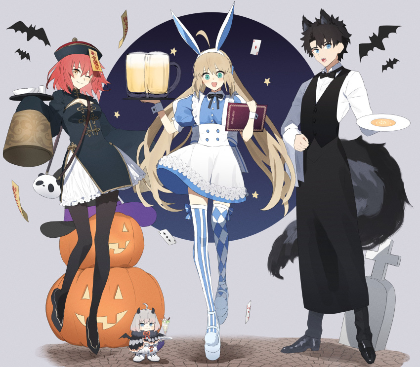 2boys, absurdres, ahoge, alcohol, animal_ears, artoria_caster_(fate), artoria_pendragon_(fate), bat_(animal)