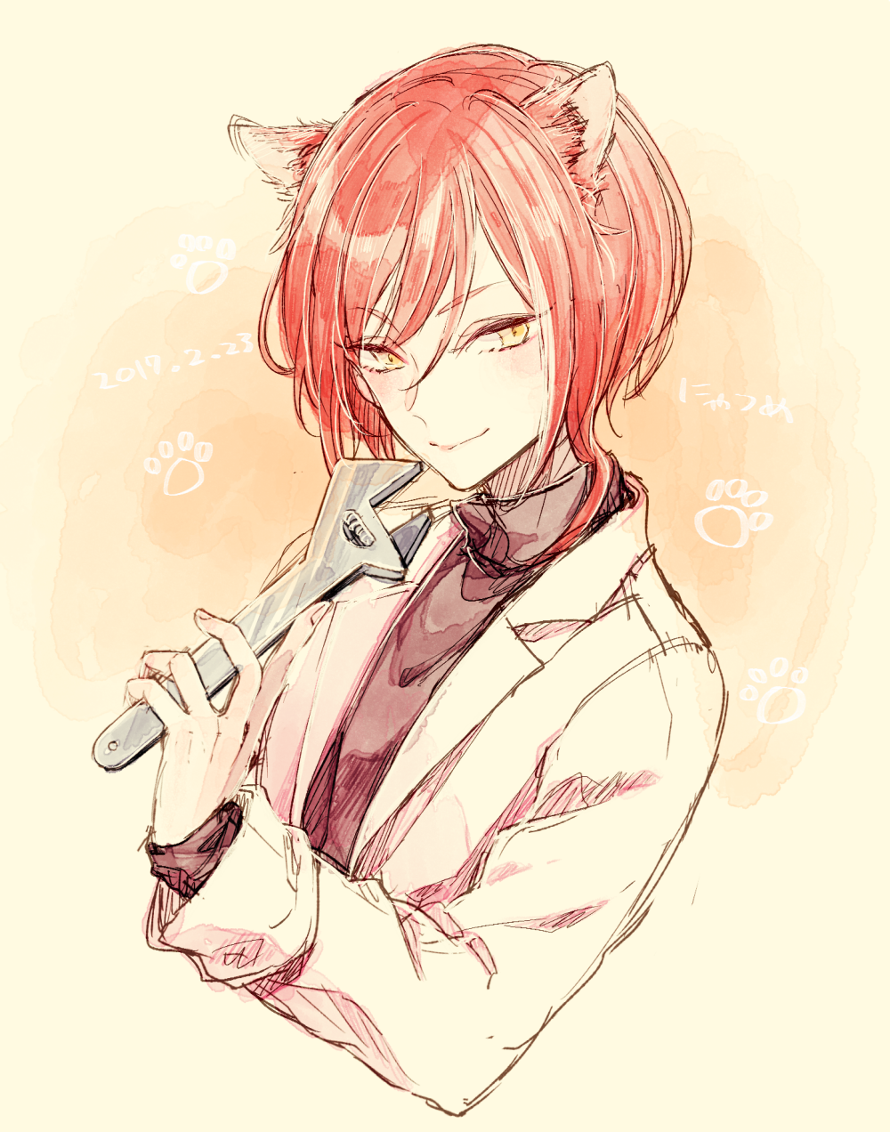 1boy, akazaki_(sxlan), animal_ears, black_shirt, cat_boy, cat_ears, closed_mouth, coat
