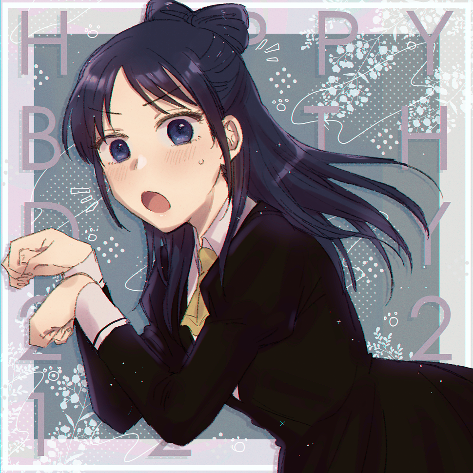 1girl, :o, black_dress, black_hair, blush, dated, dress, happy_birthday, long_hair, long_sleeves, looking_at_viewer, miyao_nemu, paw_pose, seriyama_(srym_s), solo, sweatdrop, witch_watch
