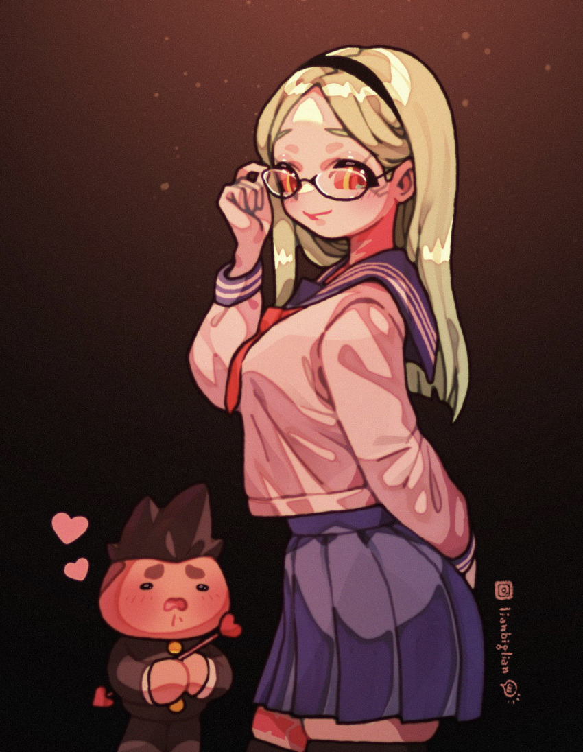 1boy, 1girl, adjusting_eyewear, arm_behind_back, arrow_(projectile), black_background, black_hairband, black_thighhighs, blue_sailor_collar, blue_skirt, blush, chinese_commentary, commentary_request, cyberpunk_(series), cyberpunk_edgerunners, david_martinez, glasses, gradient_background, green_hair, hairband, heart, heart_arrow, highres, instagram_logo, instagram_username, leg_tattoo, lianbiglian, long_hair, long_sleeves, looking_at_another, looking_at_viewer, neckerchief, pleated_skirt, rebecca_(cyberpunk), red_neckerchief, sailor_collar, school_uniform, serafuku, shirt, short_hair, skirt, smile, tattoo, thigh-highs, white_shirt, zettai_ryouiki