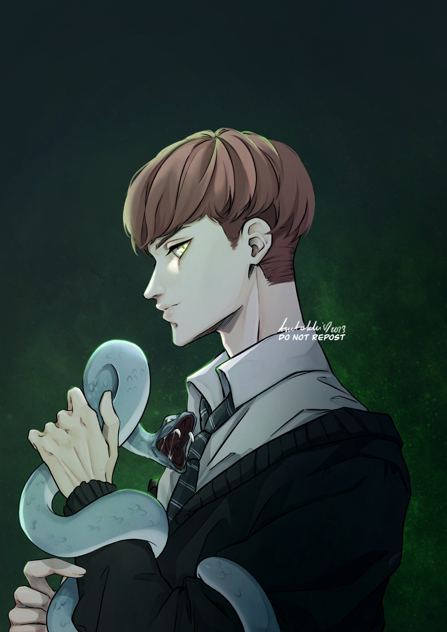 1boy, animal, brown_hair, dress_shirt, expressionless, floch_forster, from_side, glowing