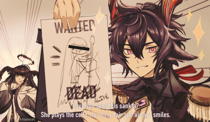 1boy, 1girl, :p, animal_ears, ariadusts, arknights, ascot, black_gloves