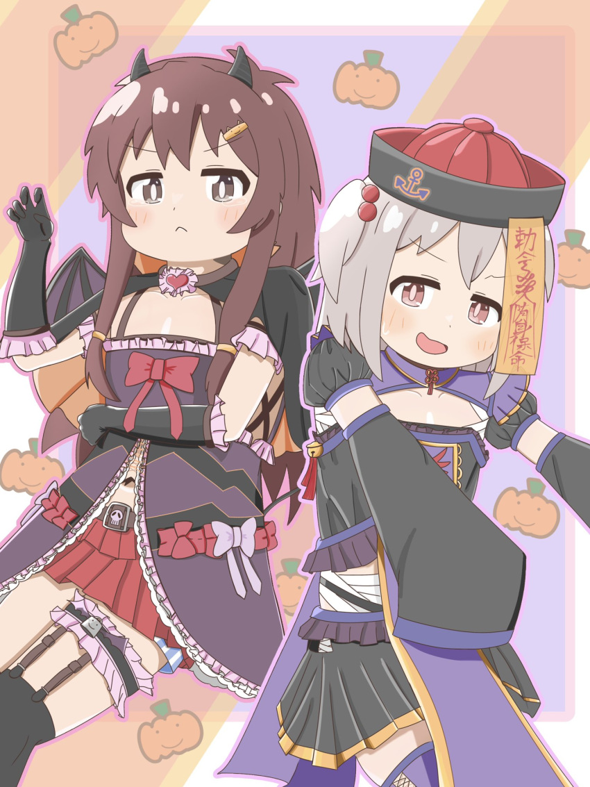 2boys, :<, anchor_symbol, bandages, bat_wings, belt, belt_buckle, black_skirt