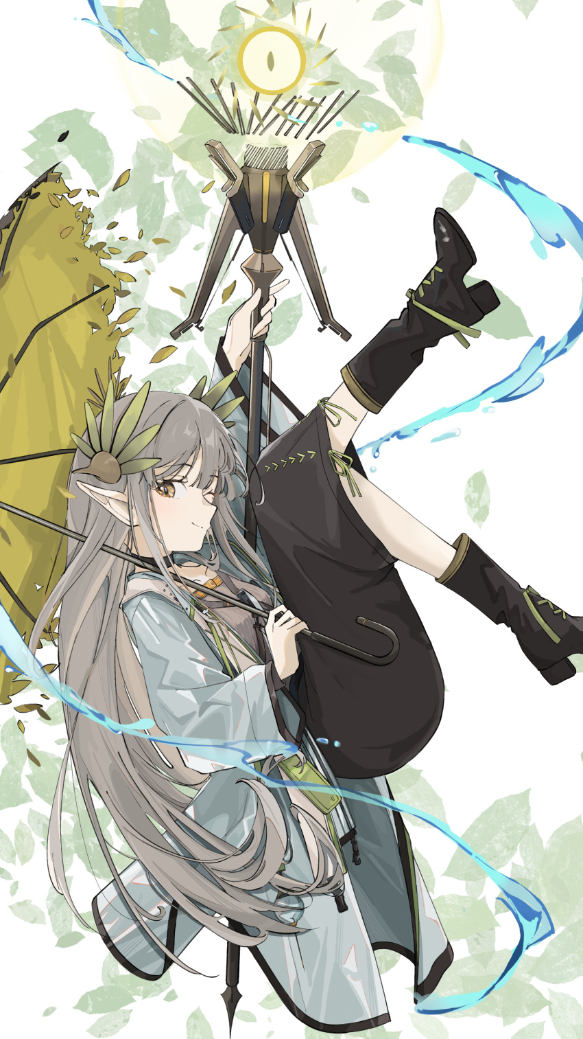 1girl, absurdres, adesu_(gekkahyouzin), arknights, black_footwear, black_skirt, boots, breasts, closed_mouth, coat, collarbone, commentary, elf, full_body, grey_hair, grey_shirt, highres, holding, holding_staff, holding_umbrella, laurel_crown, long_hair, looking_at_viewer, medium_breasts, muelsyse_(arknights), one_eye_closed, open_clothes, open_coat, pointy_ears, shirt, skirt, smile, solo, staff, umbrella, very_long_hair, white_background, white_coat, yellow_eyes