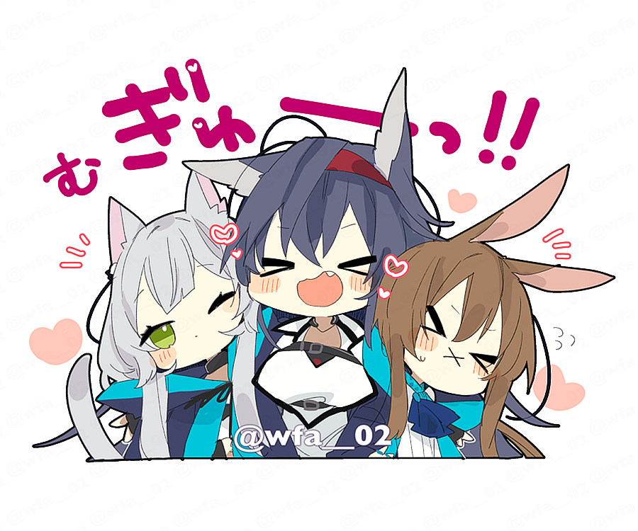 >_<, 3girls, :x, amiya_(arknights), animal_ears, arknights, ascot, black_hair