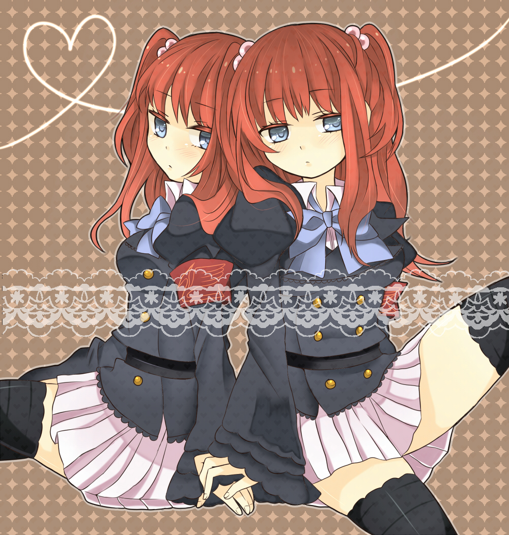 blue_eyes, dual_persona, hair_bobbles, hair_ornament, holding_hands, norio_kkk, pleated_skirt, red_hair