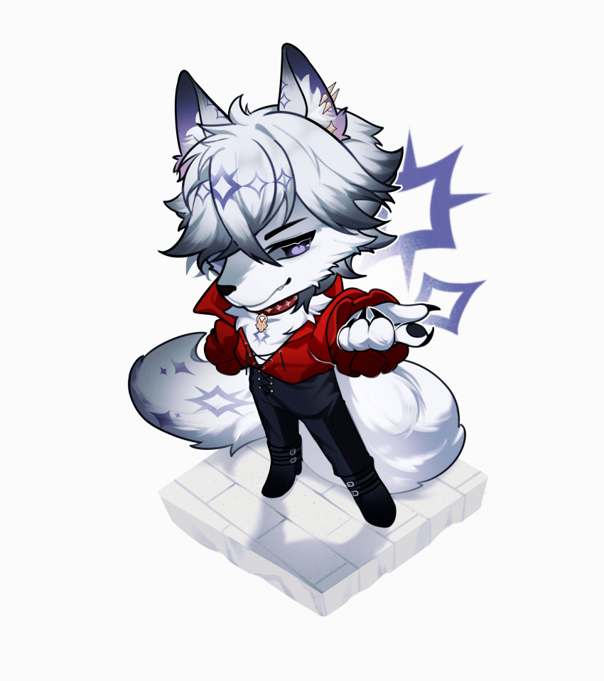1boy, absurdres, animal_ears, beckoning, black_footwear, black_pants, boots, chibi