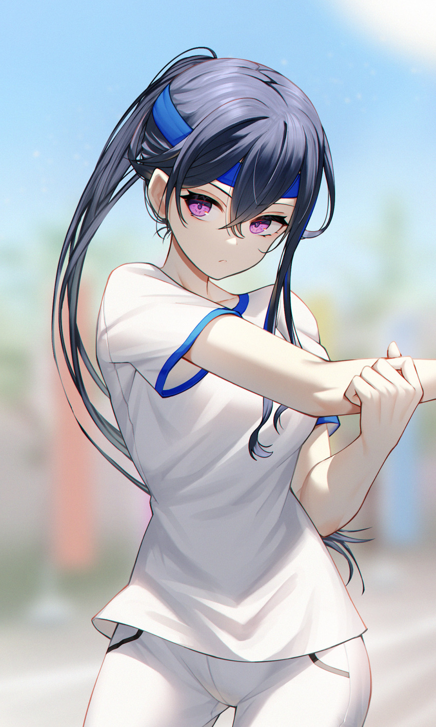 1girl, black_hair, blurry, blurry_background, breasts, closed_mouth, cowboy_shot, crossed_bangs