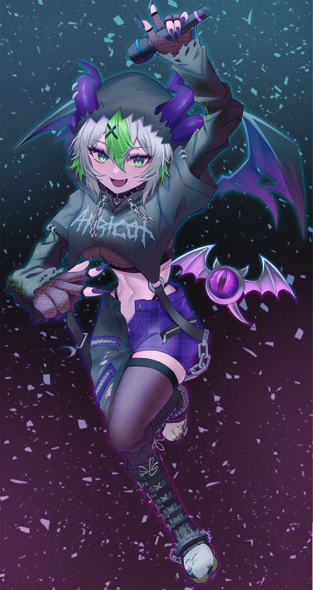 1girl, black_collar, black_footwear, black_hoodie, black_panties, black_pants, boots, bsapricot_(vtuber), bsapricot_(vtuber)_(8th_costume), chain, clothes_writing, collar, creature, crop_top, cropped_hoodie, cross-laced_footwear, demon_girl, demon_horns, demon_wings, fang, fingerless_gloves, fingernails, fishnet_gloves, fishnet_top, fishnets, full_body, gloves, green_eyes, green_hair, grey_hair, hair_between_eyes, hair_ornament, highleg, highleg_panties, highres, holding, holding_microphone, hood, hood_up, hoodie, horns, horns_through_hood, long_sleeves, looking_at_viewer, microphone, multicolored_hair, multicolored_pants, multiple_horns, nail_polish, navel, o-ring_collar, open_fly, open_mouth, panties, pants, purple_horns, purple_nails, purple_shorts, purple_wings, sharp_fingernails, shorts, single_thighhigh, smile, solo, spiked_collar, spiked_footwear, spikes, streaked_hair, thigh-highs, torn_clothes, torn_pants, torn_sleeves, underwear, v, virtual_youtuber, vshojo, wings, x_hair_ornament, yjyj_2045, zipper