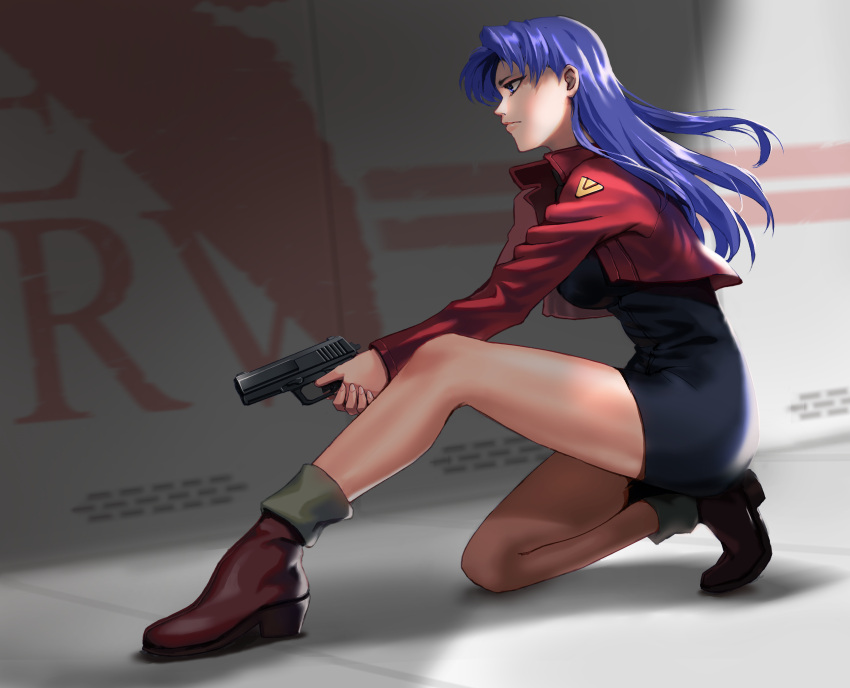 1girl, absurdres, bare_legs, belt, breasts, end_of_evangelion, full_body, gun