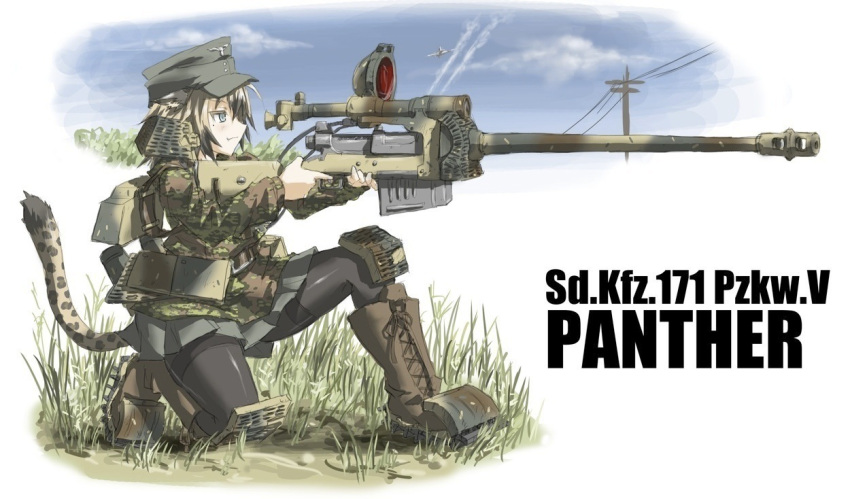 1girl, animal_ears, bad_id, black_legwear, boots, fang, gun, mecha_musume, military, military_uniform, military_vehicle, nekomimi, ogitsune_(ankakecya-han), okitsune_(ankakecya-han), original, panther_(tank), pantyhose, panzerkampfwagen_panther, personification, tail, tank, uniform, vehicle, weapon, world_war_ii, wwii