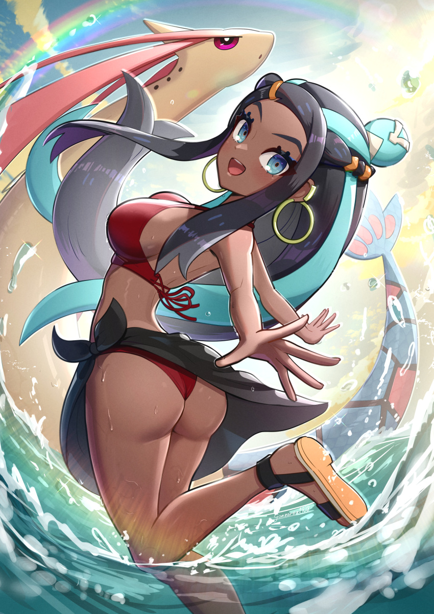 1girl, absurdres, ass, bikini, braid, breasts, dark_skin, earrings, from_behind, gonzarez, halterneck, highres, jewelry, large_breasts, long_hair, looking_at_viewer, milotic, multicolored_hair, nessa_(pokemon), open_mouth, pokemon, pokemon_(creature), pokemon_(game), sandals, sideboob, smile, swimsuit, swimsuit_cover-up, wet