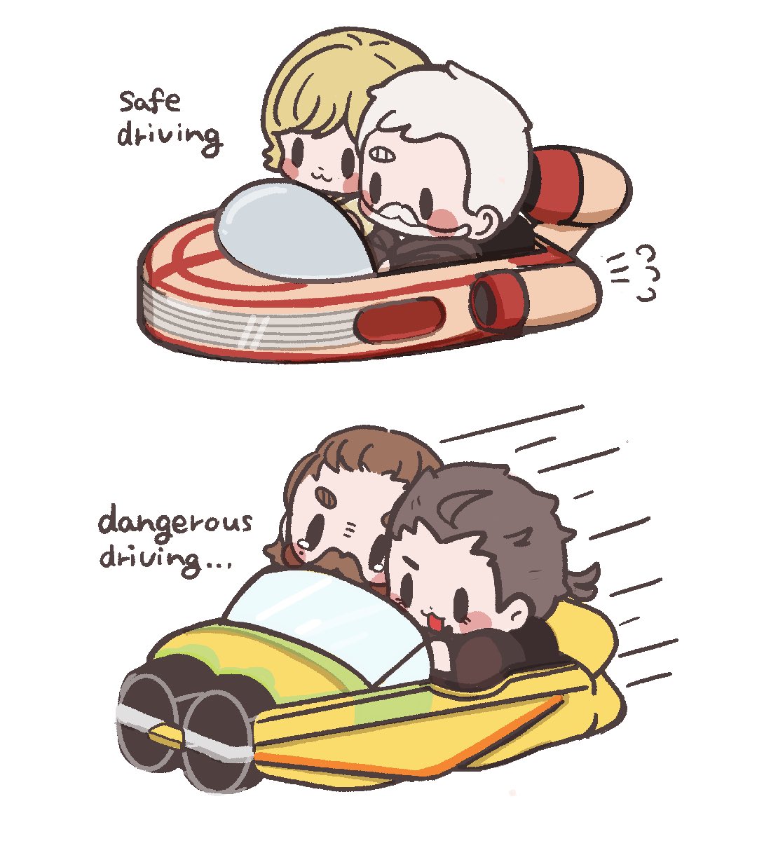 :3, anakin_skywalker, beard, blonde_hair, blush_stickers, brown_hair, chibi, dual_persona, english_text, facial_hair, father_and_son, highres, luke_skywalker, master_and_padawan, multiple_boys, mustache, nikkigam, obi-wan_kenobi, old, old_man, open_mouth, science_fiction, simple_background, star_wars, star_wars:_a_new_hope, star_wars:_attack_of_the_clones, white_background