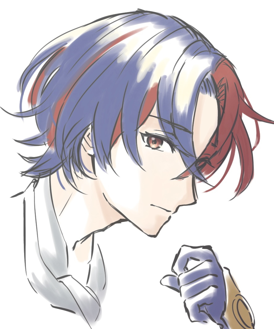 1boy, alear_(fire_emblem), alear_(male)_(fire_emblem), blue_gloves, blue_hair, closed_mouth, crossed_bangs, fire_emblem