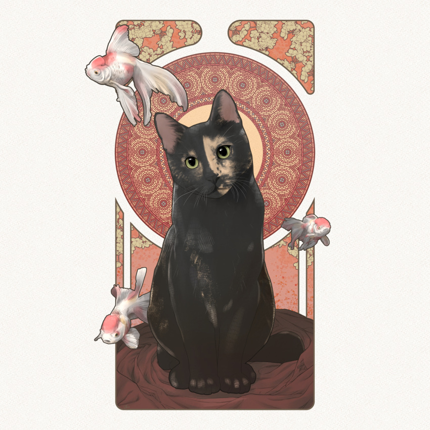 animal, art_nouveau, border, cat, commission, fish, goldfish, highres