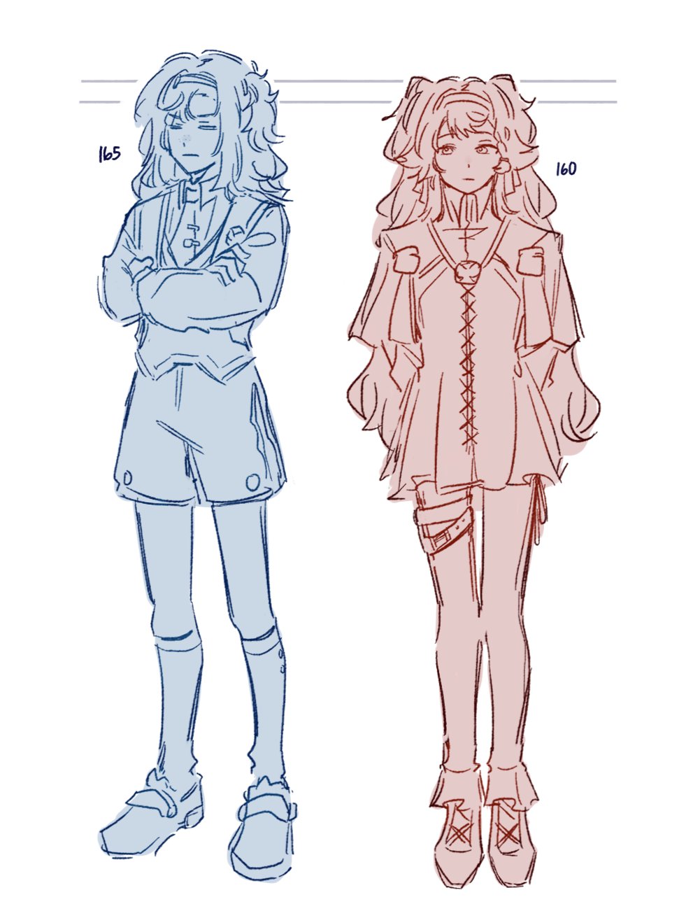 2girls, braid, closed_mouth, commentary, crossed_arms, dress, english_commentary, expressionless