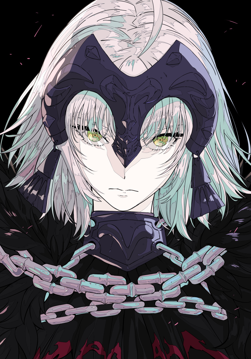 1girl, absurdres, ahoge, black_background, black_cape, cape, chain, closed_mouth, commentary, fate/grand_order, fate_(series), fur-trimmed_cape, fur_trim, grey_hair, headpiece, highres, jeanne_d'arc_alter_(avenger)_(fate), jeanne_d'arc_alter_(avenger)_(first_ascension)_(fate), jeanne_d'arc_alter_(fate), looking_at_viewer, pale_skin, serious, short_hair, simple_background, solo, upper_body, xtango, yellow_eyes