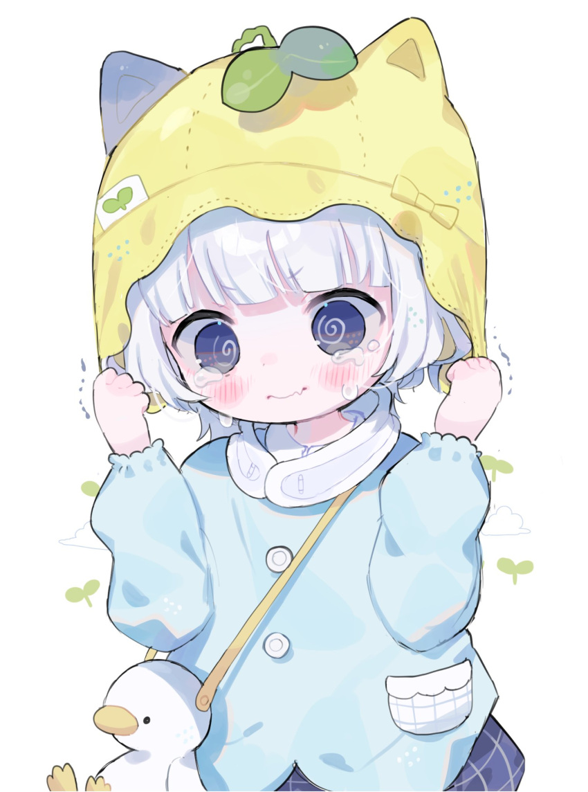 1girl, @_@, animal_bag, bag, blue_skirt, blunt_bangs, blush, buttons