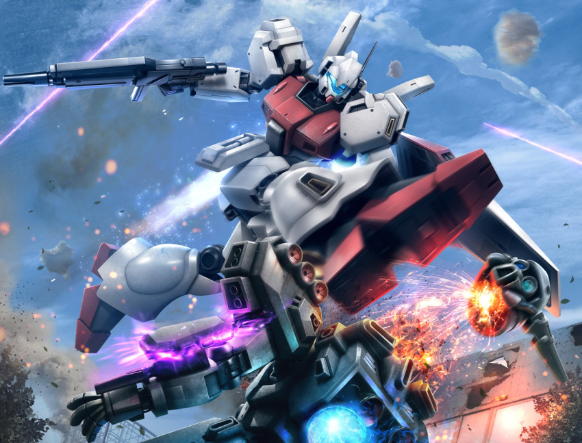 battle, beam_rifle, clouds, commentary_request, crossbone_vanguard, decapitation, den'an_zon, earth_federation