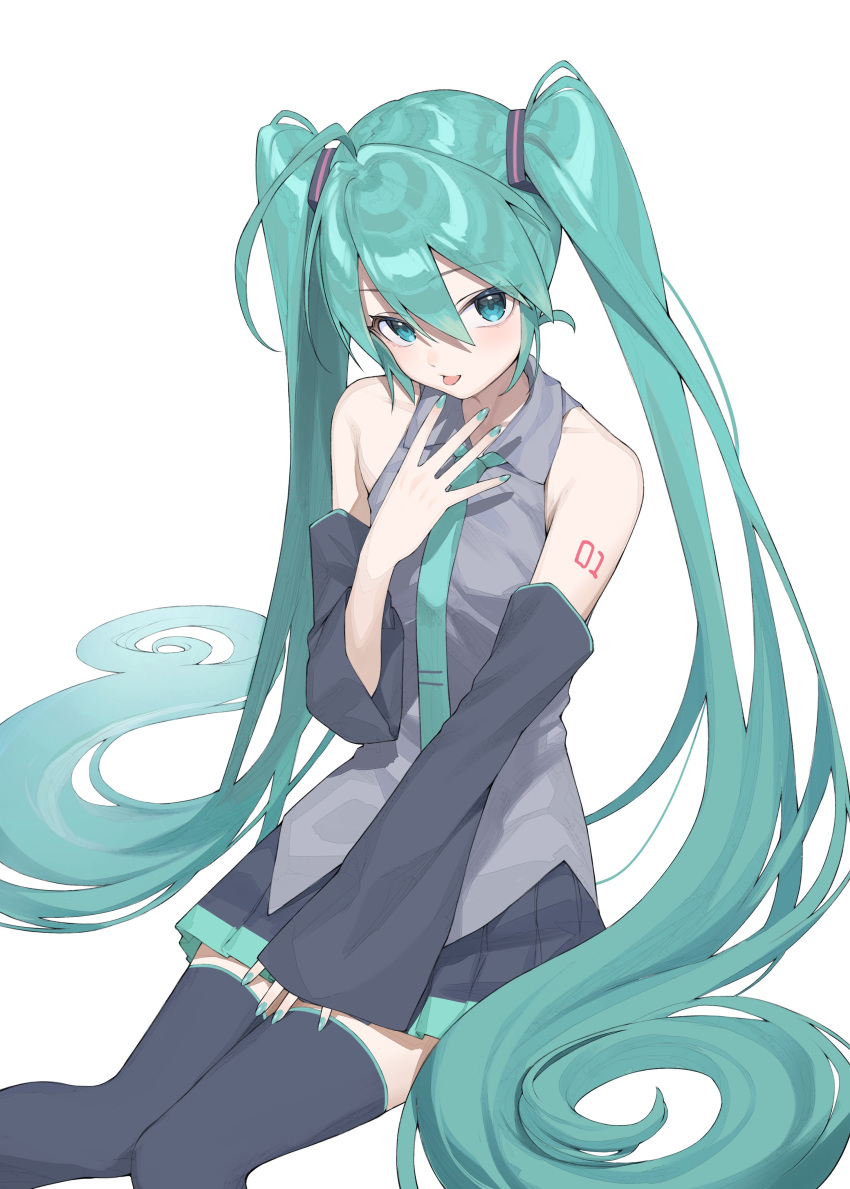 1girl, absurdres, black_footwear, black_skirt, black_sleeves, blue_eyes, blue_hair, blue_nails, blue_necktie, blush, boots, detached_sleeves, grey_shirt, hair_ornament, hatsune_miku, highres, long_hair, looking_at_viewer, mofudoggu, necktie, number_tattoo, pleated_skirt, shirt, shoulder_tattoo, simple_background, sitting, skirt, solo, tattoo, thigh_boots, tongue, tongue_out, twintails, very_long_hair, vocaloid, white_background