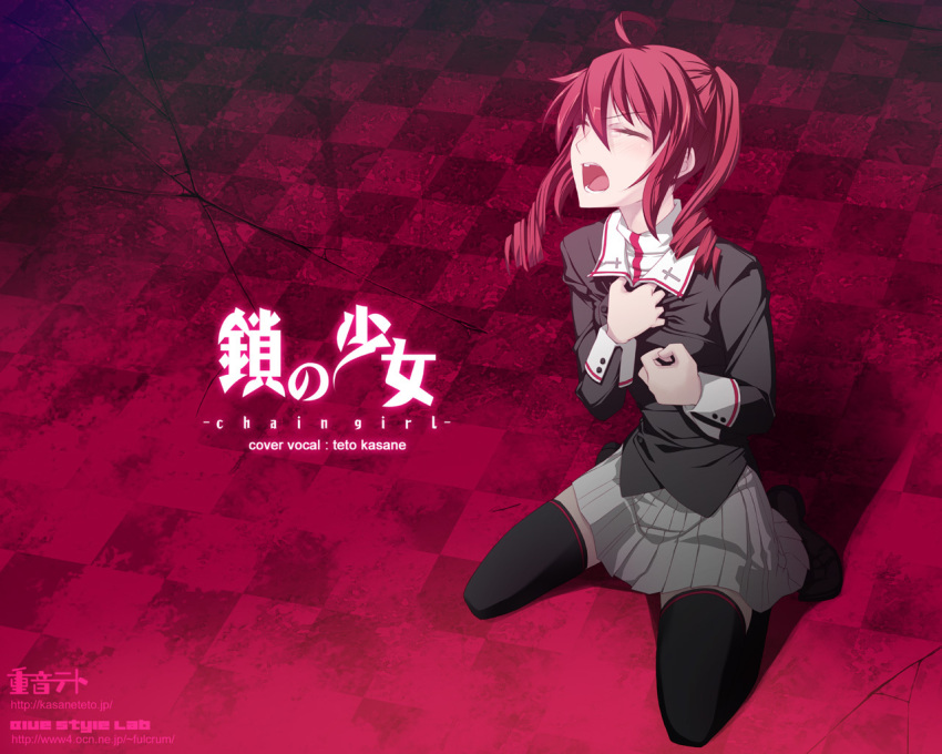 closed_eyes, kasane_teto, kusari_no_shoujo_(vocaloid), open_mouth, red_hair, solo, tears, thighhighs