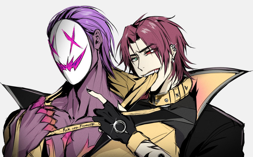 2boys, belt_collar, black_gloves, black_jacket, black_shirt, collar, colored_sclera, colored_skin