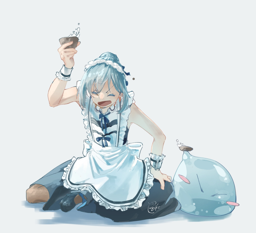 1other, alcohol, apron, black_footwear, blue_hair, choko_(cup), closed_eyes, crossed_legs