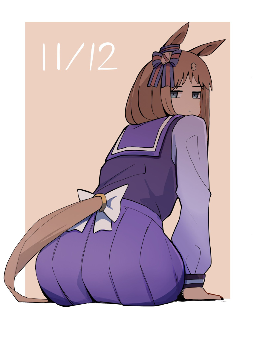 1girl, animal_ears, ass, blue_eyes, border, brown_hair, character_request, check_character