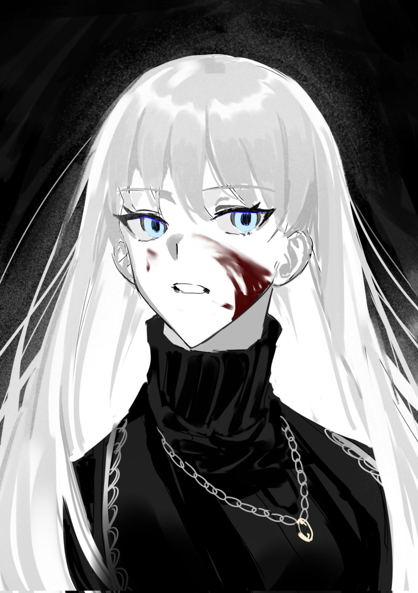 1girl, angelica_(library_of_ruina), black_jacket, black_sweater, blood, blood_on_face, blue_eyes, colored_skin
