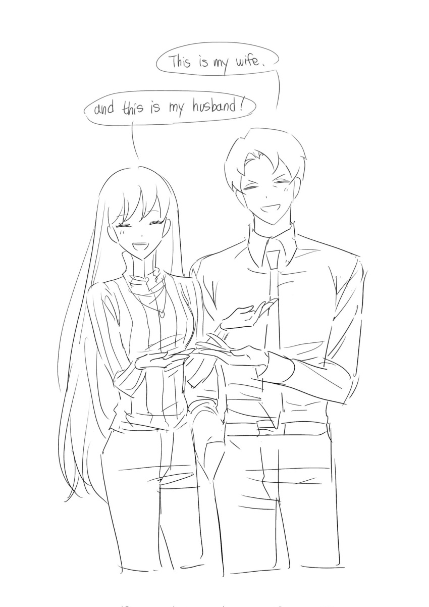 1boy, 1girl, angelica_(library_of_ruina), closed_eyes, collared_shirt, cowboy_shot, facing_viewer, greyscale