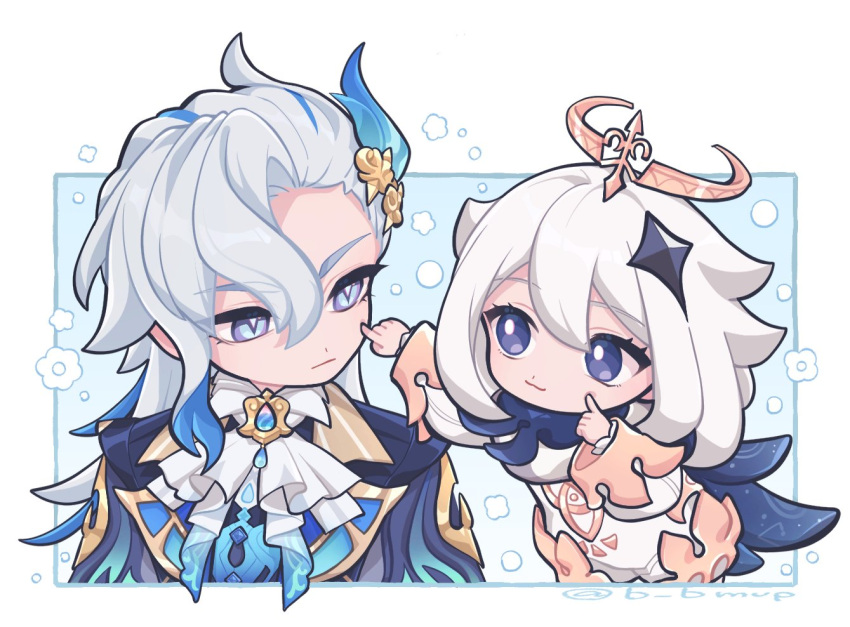 1boy, 1girl, :3, artist_name, ascot, asymmetrical_bangs, b_bmvp, blue_background, blue_cape, blue_coat, blue_hair, border, bright_pupils, brooch, cape, cheek_poking, chibi, closed_mouth, coat, commentary_request, expressionless, flower_(symbol), genshin_impact, gold_trim, hair_between_eyes, hair_ornament, halo, index_finger_raised, jewelry, lapels, long_hair, long_sleeves, looking_at_another, looking_at_viewer, medium_hair, multicolored_hair, neuvillette_(genshin_impact), outside_border, paimon_(genshin_impact), parted_bangs, poking, sidelocks, simple_background, smile, star_(symbol), star_hair_ornament, streaked_hair, twitter_username, upper_body, violet_eyes, white_ascot, white_border, white_hair, white_pupils, wide_sleeves