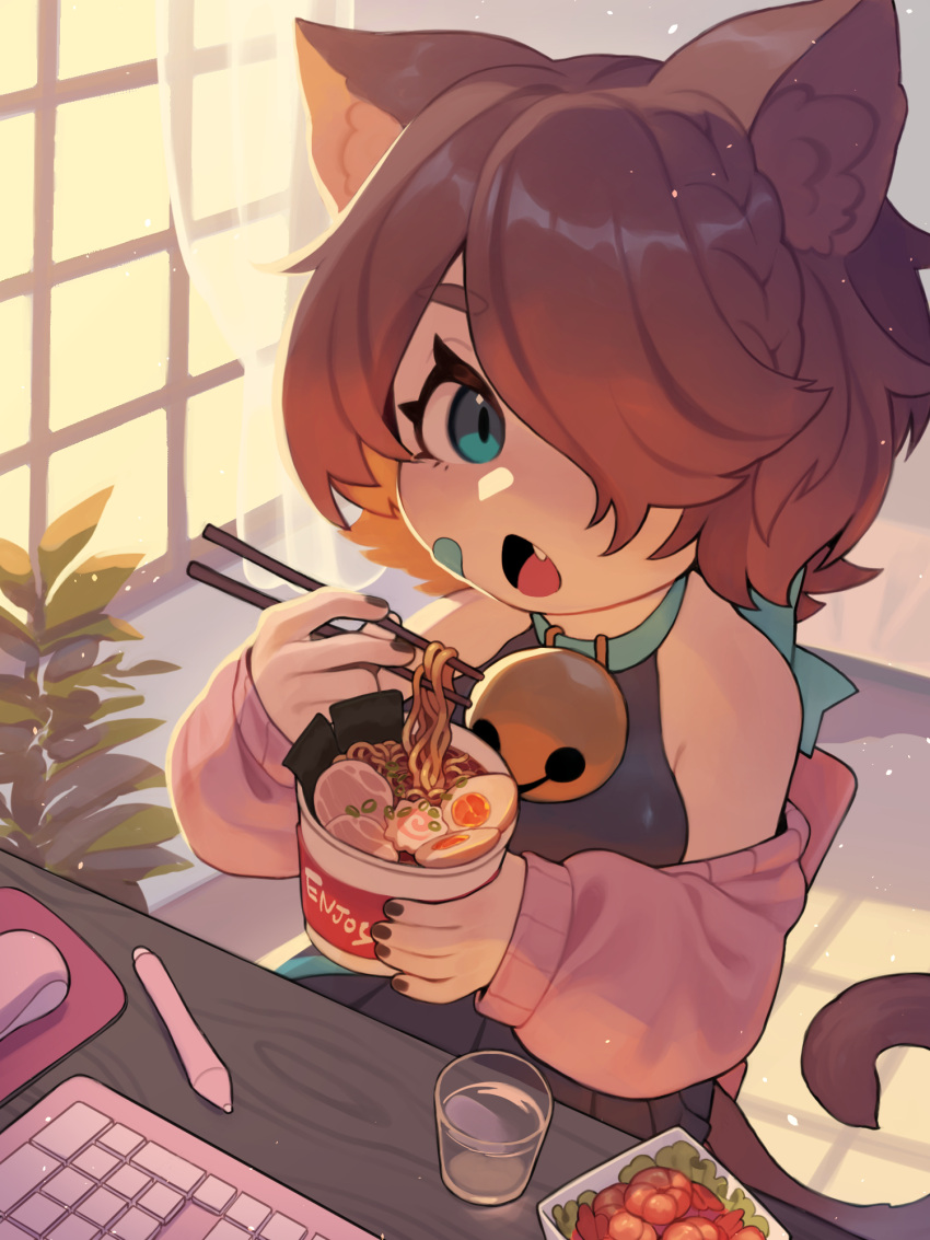 1girl, animal_ears, aqua_eyes, bandaid, bandaid_on_cheek, bandaid_on_face, blue_collar, braid, breasts, cat_ears, cat_girl, cat_tail, chair, collar, commentary, commission, curtains, eating, egg_(food), english_commentary, food, glass, hair_over_one_eye, highres, indie_virtual_youtuber, keyboard_(computer), mouse_(computer), noodles, pleated_skirt, ramen, sitting, skeb_commission, skirt, sleeves_past_wrists, solo, stylus, tail, virtual_youtuber, water, whimzee_(vtuber), window, zombiemiso