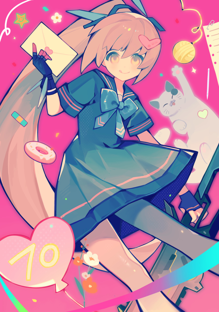 1girl, absurdres, balloon, bandaid, black_dress, black_gloves, black_sailor_collar, black_serafuku, brown_hair, cat, chainsword, closed_mouth, doughnut, dress, flower, food, gloves, grey_thighhighs, hair_ornament, heart, heart_balloon, heart_hair_ornament, highres, holding, holding_letter, holding_sword, holding_weapon, kakukaku666, letter, long_hair, love_letter, nanami:_pulse_(punishing:_gray_raven), nanami_(punishing:_gray_raven), official_alternate_costume, official_alternate_hairstyle, orange_eyes, paper, paperclip, procreate_(medium), punishing:_gray_raven, red_flower, sailor_collar, school_uniform, serafuku, short_sleeves, sidelocks, single_thighhigh, solo, star_(symbol), sword, thigh-highs, tongue, tongue_out, very_long_hair, weapon, white_cat, white_flower, yarn, yarn_ball