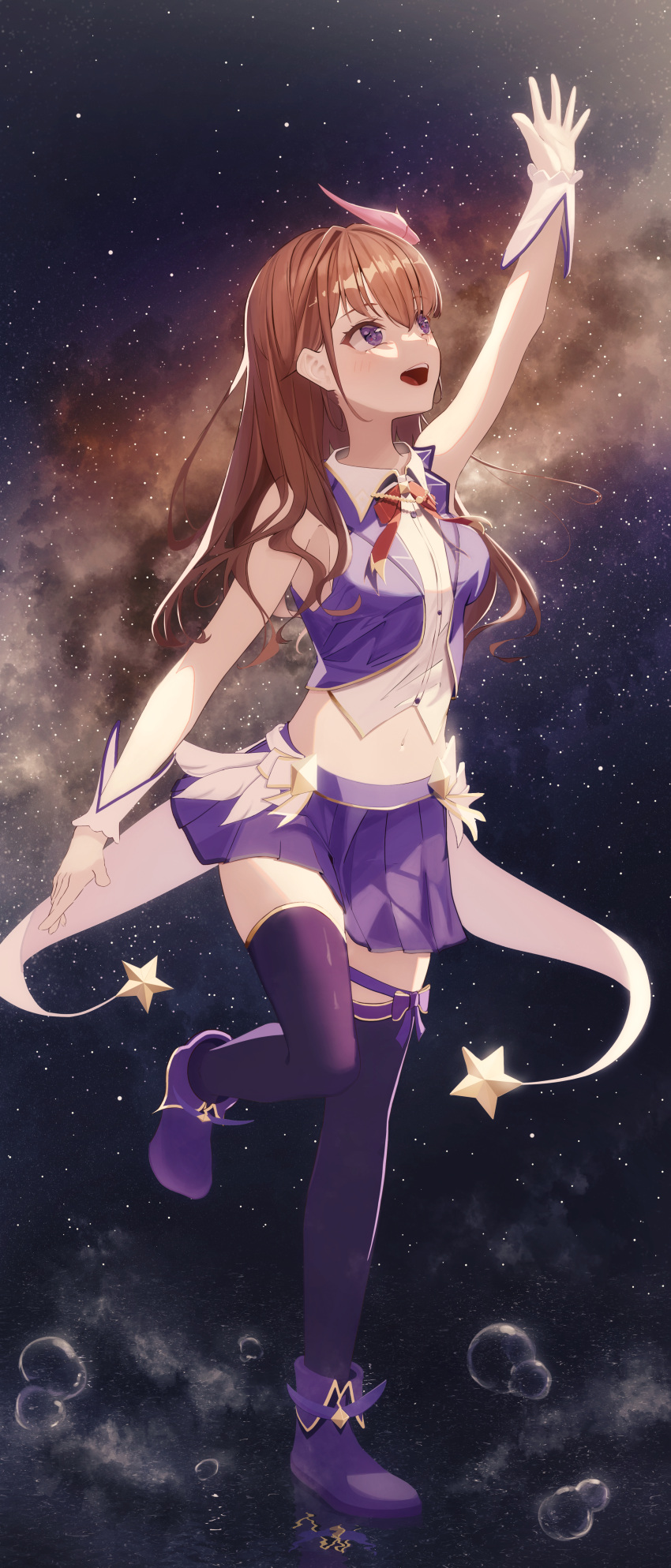 1girl, absurdres, blue_thighhighs, blue_vest, cropped_shirt, cropped_vest, hair_ornament, highres