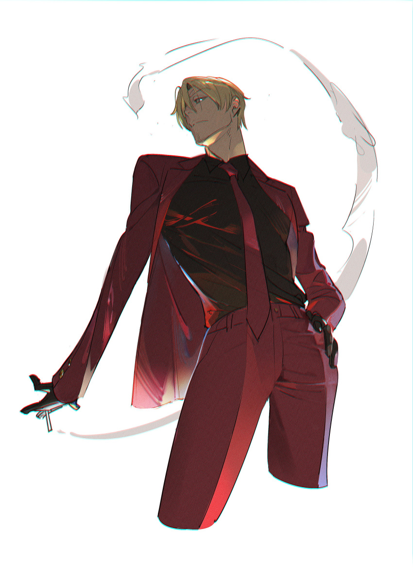 1boy, absurdres, black_gloves, black_shirt, cigarette, dr11ge, gloves, hand_on_own_hip, highres, looking_down, necktie, one_piece, pants, red_necktie, red_pants, red_suit, sanji_(one_piece), shirt, smoke_trail, suit, white_background