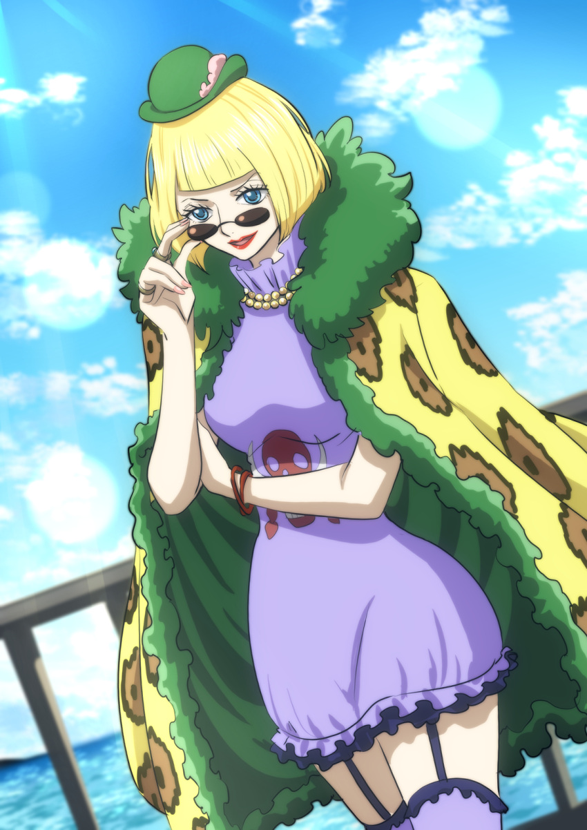 1girl, adjusting_eyewear, aged_down, blonde_hair, blue_eyes, blue_sky, bracelet, buckingham_stussy, cloak, clouds, commentary_request, dress, dutch_angle, green_cloak, green_headwear, hat, highres, jewelry, lens_flare, lipstick, makeup, mini_hat, musasabiop, one_piece, outdoors, purple_dress, purple_thighhighs, railing, red_lips, ring, short_dress, short_hair, sky, solo, sunglasses, thigh-highs, thigh_strap, yellow_cloak