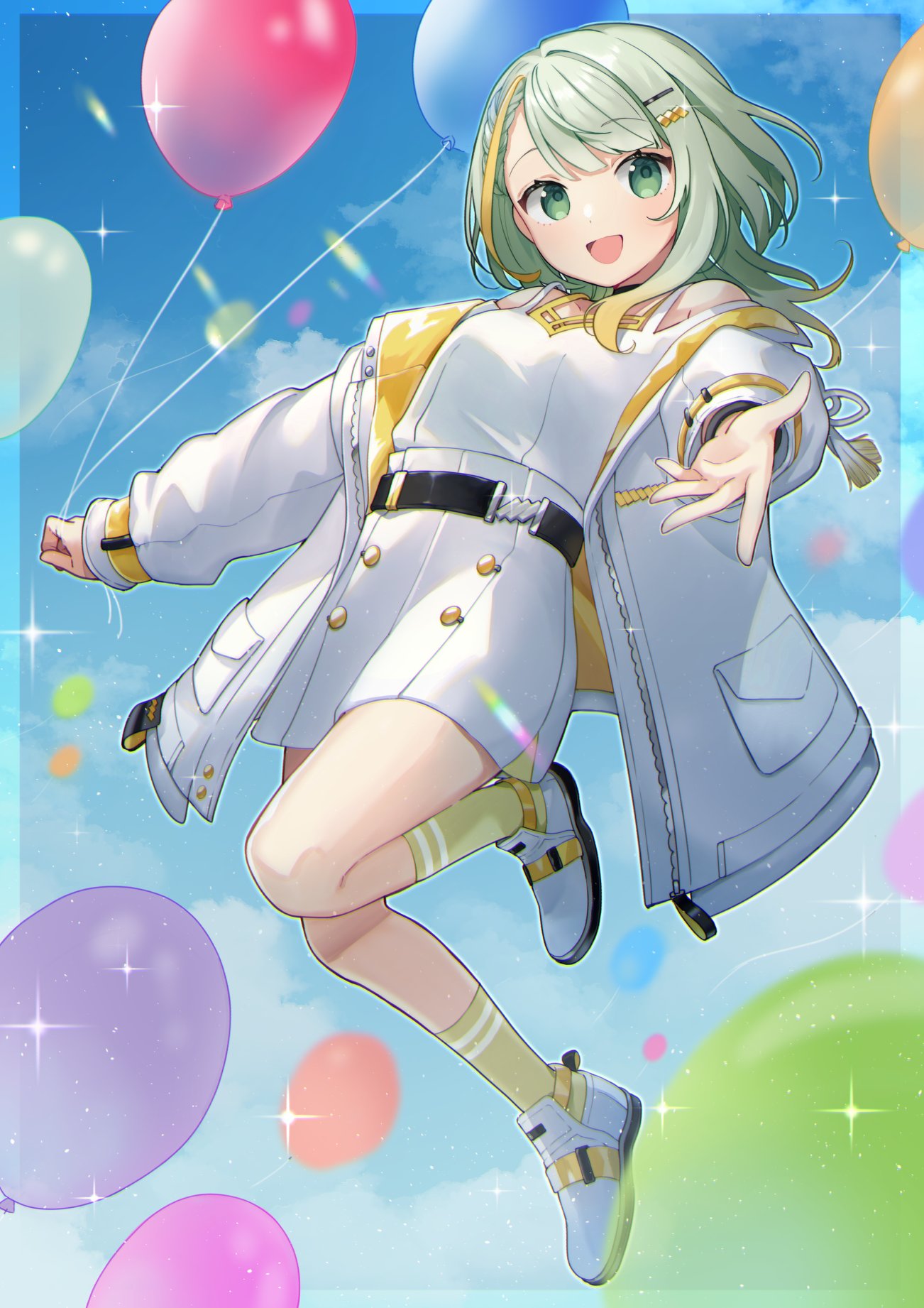 1girl, a.i._voice, asymmetrical_bangs, balloon, bare_shoulders, beckoning, binchou_maguro, blonde_hair