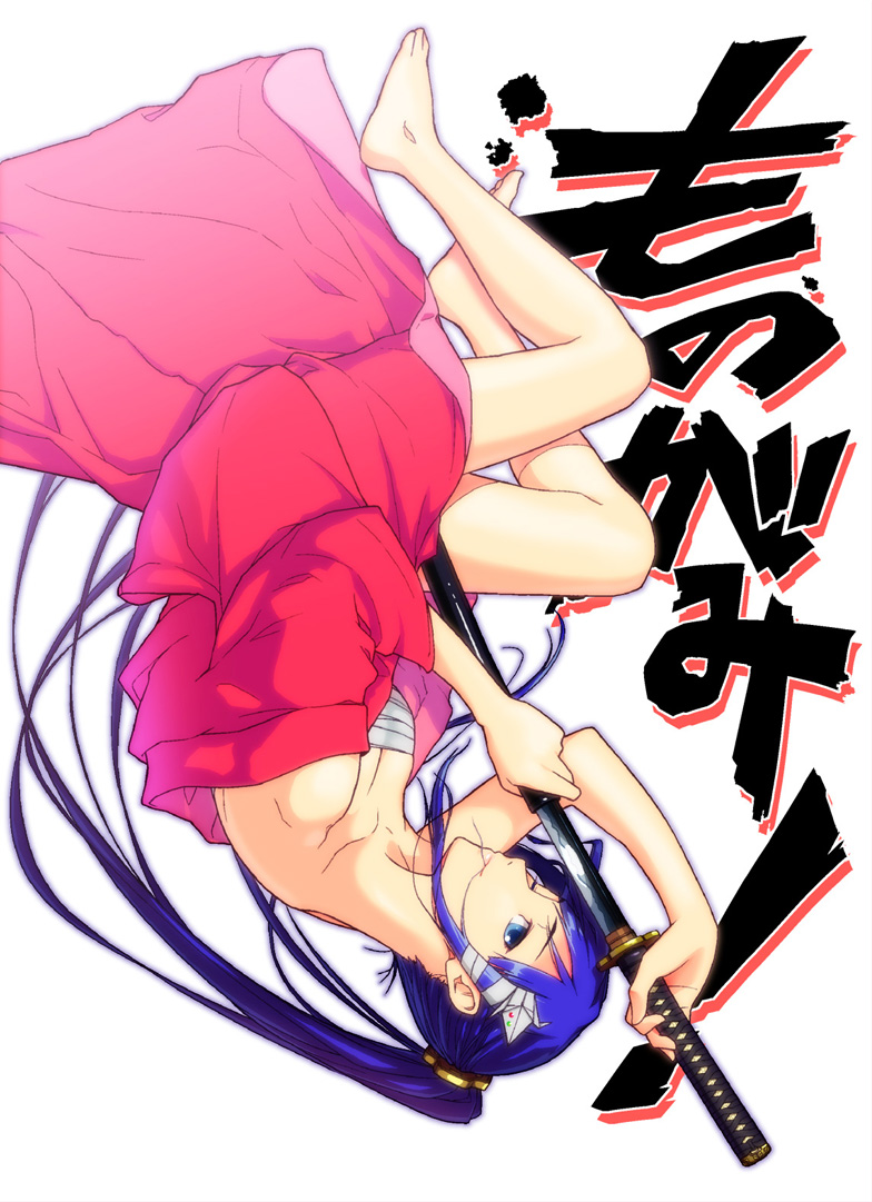 barefoot, blue_eyes, blue_hair, hair_in_mouth, hair_ornament, hide_e, imada_hidehito, japanese_clothes