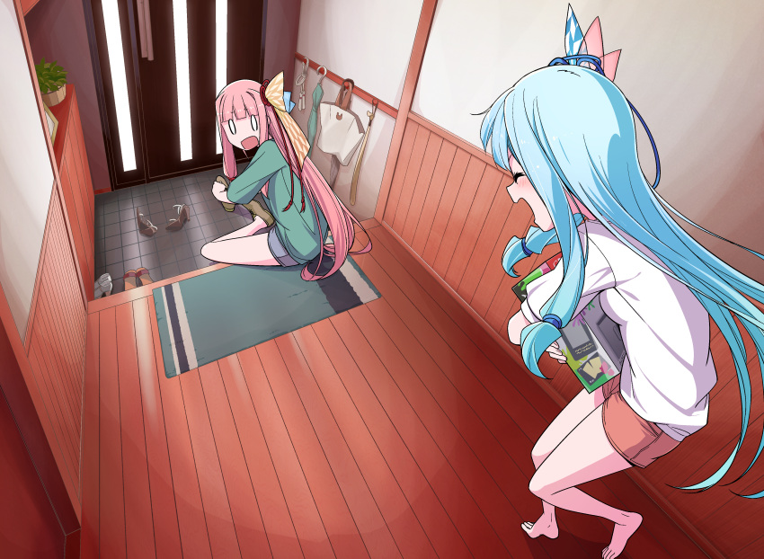 0_0, 2girls, absurdres, barefoot, blue_hair, blunt_bangs, blush, closed_eyes