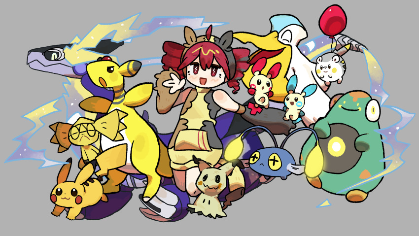 1girl, \||/, absurdres, ahoge, ampharos, animal_ears, asymmetrical_sleeves, balloon