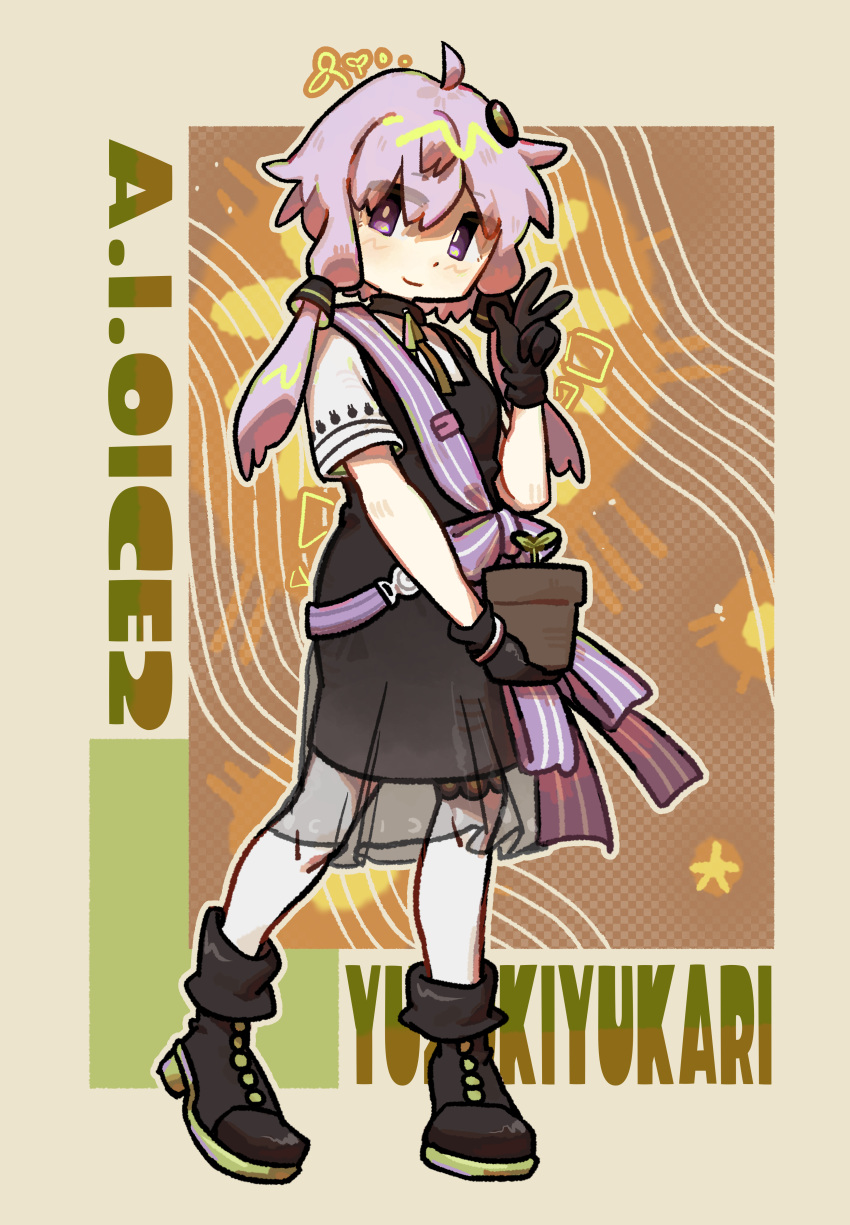 1girl, a.i._voice, absurdres, black_dress, black_footwear, black_gloves, blush, boots, border, bright_pupils, brown_background, brown_border, character_name, checkered_background, closed_mouth, collared_shirt, copyright_name, dress, flower_pot, full_body, gloves, green_ribbon, hair_ornament, heel_up, highres, holding, holding_flower_pot, looking_at_viewer, neck_ribbon, outline, outside_border, overskirt, pantyhose, pinafore_dress, purple_hair, purple_sash, ribbon, sash, see-through, see-through_skirt, shirt, short_hair_with_long_locks, short_sleeves, shoulder_sash, skirt, sleeveless, sleeveless_dress, smile, solo, sprout, standing, violet_eyes, voiceroid, w, white_outline, white_pantyhose, white_pupils, yuzuki_makata, yuzuki_yukari, yuzuki_yukari_(a.i._voice_2)