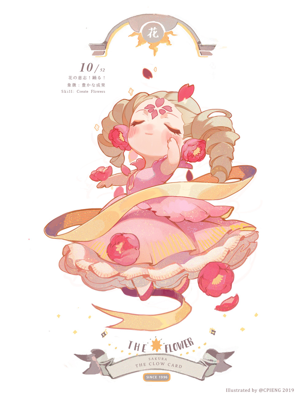 1girl, 2019, banner, blonde_hair, blush_stickers, cardcaptor_sakura, character_name, chibi, closed_eyes, closed_mouth, clow_card, collared_dress, commentary, cpieng, dated, dress, drill_hair, english_commentary, english_text, eyelashes, facial_mark, flower, flower_(clow_card), flower_facial_mark, forehead_mark, frilled_dress, frills, gold_ribbon, hand_on_own_cheek, hand_on_own_face, high_collar, highres, long_dress, long_hair, outstretched_arm, petals, pink_dress, red_flower, shoes, sleeveless, sleeveless_dress, smile, solo, sparkle, twin_drills, twintails, watermark, white_background