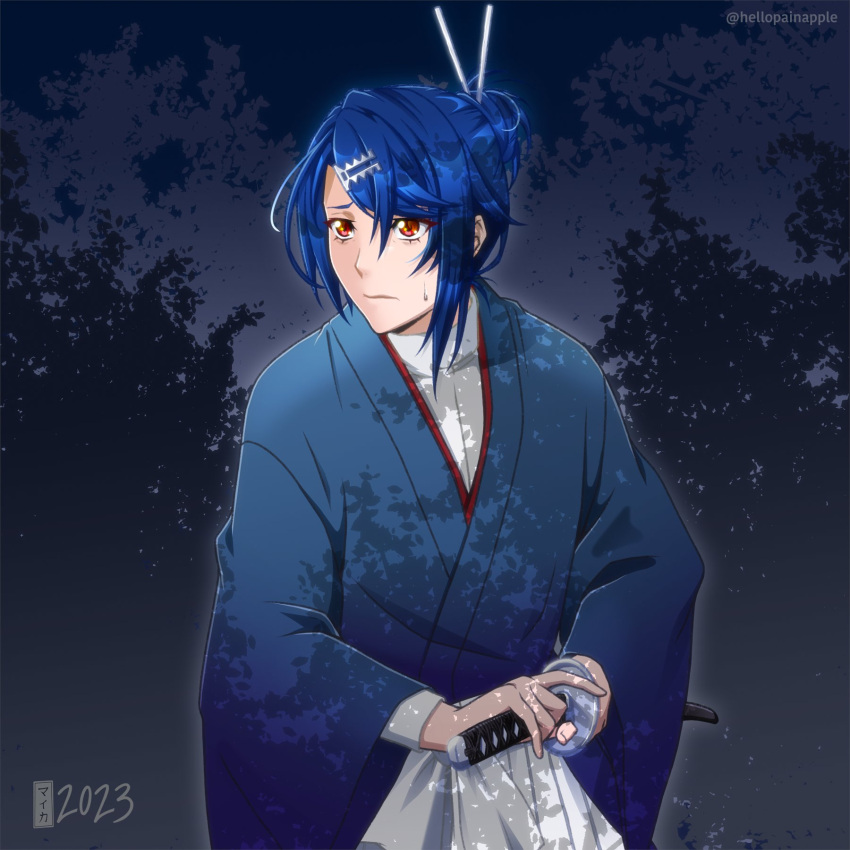 1boy, alcryst_(fire_emblem), asymmetrical_hair, blue_hair, closed_mouth, fire_emblem, fire_emblem_engage, hair_between_eyes, hair_bun, hair_ornament, hairclip, highres, holding, holding_sword, holding_weapon, japanese_clothes, katana, long_sleeves, male_focus, painapple, red_eyes, short_hair, solo, sword, weapon