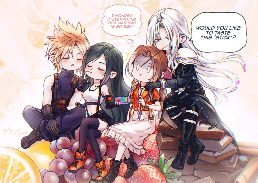 2boys, 2girls, ^^^, aerith_gainsborough, armor, baggy_pants, bangle, bare_shoulders