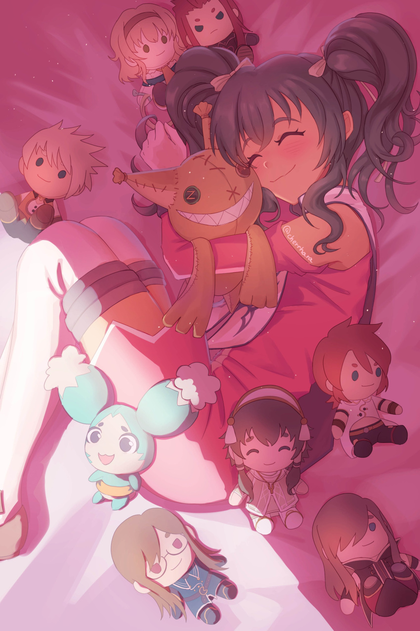1girl, absurdres, anise_tatlin, artist_name, asch_(tales), bare_shoulders, black_hair, blush, cherrhara, closed_eyes, crossed_bangs, detached_sleeves, dress, grin, guy_cecil, highres, holding, holding_stuffed_toy, ion_(tales), jade_curtiss, luke_fon_fabre, lying, medium_hair, mieu_(tales), natalia_luzu_kimlasca_lanvaldear, on_bed, on_side, pink_dress, pink_sleeves, sharp_teeth, sleeveless, sleeveless_dress, smile, stuffed_toy, tales_of_(series), tales_of_the_abyss, tear_grants, teeth, thigh-highs, tokunaga_(tales), twintails, twitter_username, white_thighhighs