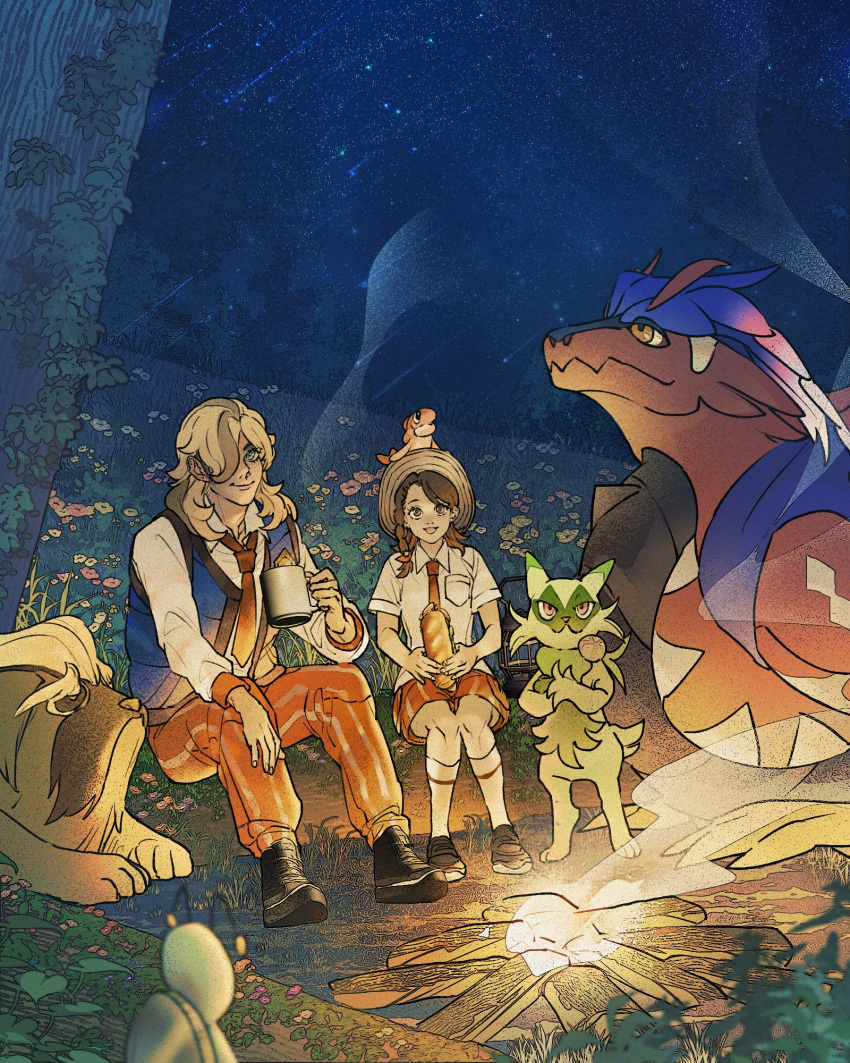 arven_(pokemon), black_footwear, blue_eyes, blue_hair, boots, braid, bread, brown_eyes, brown_hair, campfire, cat, coffee_mug, collared_shirt, colored_skin, commentary_request, cup, dog, drinking, floragato, flower, food, gimmighoul, grass, green_fur, grey_hair, hair_over_one_eye, hat, highres, juliana_(pokemon), koraidon, lettuce, light_smile, log, mabosstiff, medium_hair, mug, multicolored_hair, naranja_academy_school_uniform, necktie, night, night_sky, nostrils, on_head, open_mouth, orange_pants, orange_shorts, pants, pink_hair, pokemon, pokemon_(creature), pokemon_(game), pokemon_on_head, pokemon_sv, red_eyes, red_flower, red_necktie, red_skin, school_uniform, shirt, shoes, shooting_star, shorts, side_braid, sitting, sky, smile, smoke, socks, solid_oval_eyes, standing, star_(sky), stb81370884, submarine_sandwich, tatsugiri, tatsugiri_(curly), tree, two-tone_hair, wavy_hair, white_hair, white_shirt, white_socks, yellow_eyes, yellow_flower